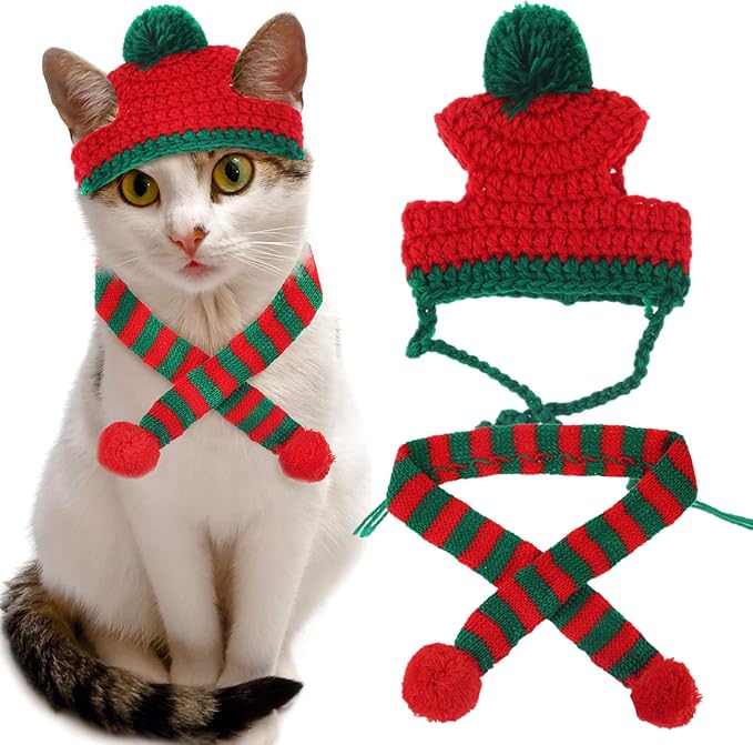 Cat Christmas Costume, Knit Pet Hat and Holiday Scarf Winter cat Outfits