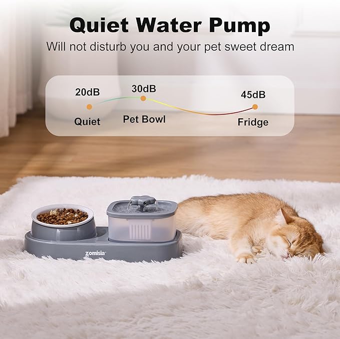 Cat Water Fountain and 1 Ceramic Food Bowl - 2 in 1 Ultra Quiet Automatic Pet Food and Water Bowl Set for Kitty, Gray (No Adapter)