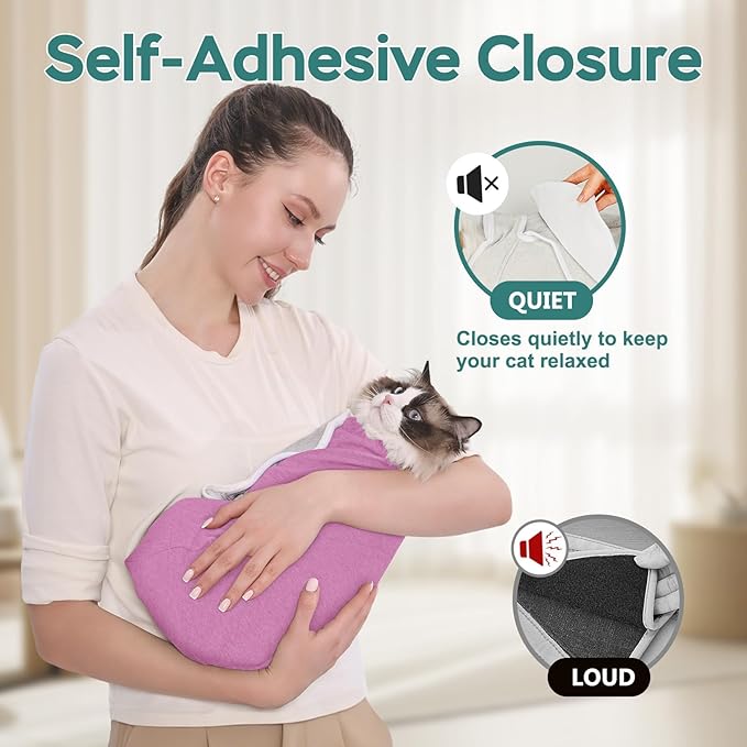 Self-Adhesive Cat Grooming Wrap, Cozy Cat Wrap for Cutting Nails, Breathable Anti-Scratch Cats Swaddle Bag for Brushing, Ear Cleaning, Dental Care, Medication, Injections,Pinkish Purple L