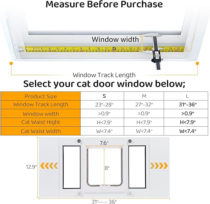 Cat Door for Window, Adjustable Width Fits 31"-36", Quick-Fit Cat Door Window Insert, Aluminum Frame with Tight Seal & Magnetic Closure, 4 Locking Modes for Pet Access Control