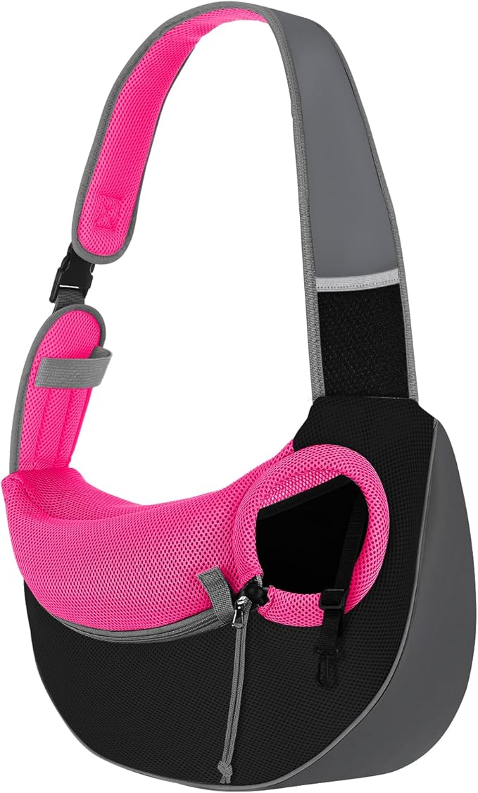 Pawaboo Dog Sling Carrier, Hand Free Breathable Mesh Bag for Puppy Cat, Drawstring Dog Papoose with Adjustable Strap and Pocket, Crossbody Satchel Dogs Purse for Outdoor Travel, L, Magenta
