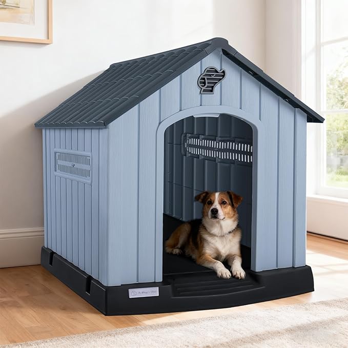 LEMBERI Plastic Dog House for Medium Dogs, Durable Waterproof Indoor Outdoor Doghouse with Air Vents and Elevated Floor, Easy to Assemble (Gray, 33.5" L x 31.5" W x 33.9" H)
