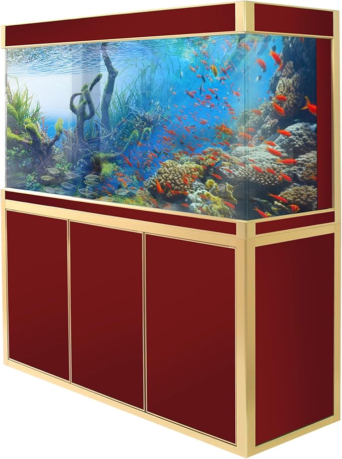 170 Gallon Aquarium Fish Tank LED Light Pump Freshwater Filter Upright Fishtank Stand Bundle Straight Corners Ultra Clear Tempered Glass with Complete Aquarium Setup (Red with Gold Trim)
