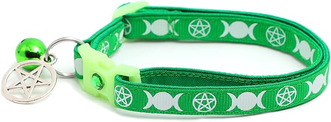 Wicca Cat Collar with Occult Charm & Bell | Witch’s Familiar Cat Collar | Witch Kitten Collar Charms | Glow in The Dark | Safety Breakaway Collar (Large(10lbs & Up), Solid Green)