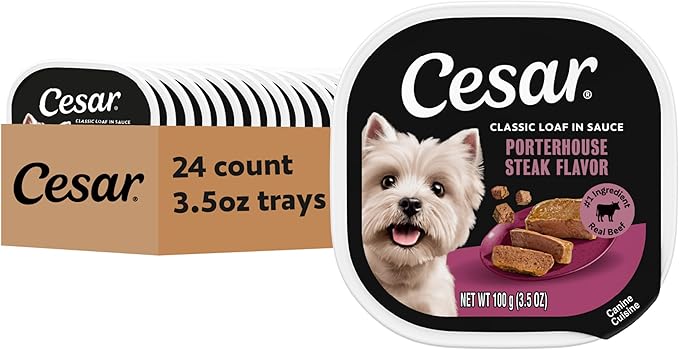 Cesar Classic Loaf in Sauce Adult Wet Dog Food Porterhouse Steak Flavor 3.5 oz. Easy Peel Trays, 24 Count (Pack of 1)