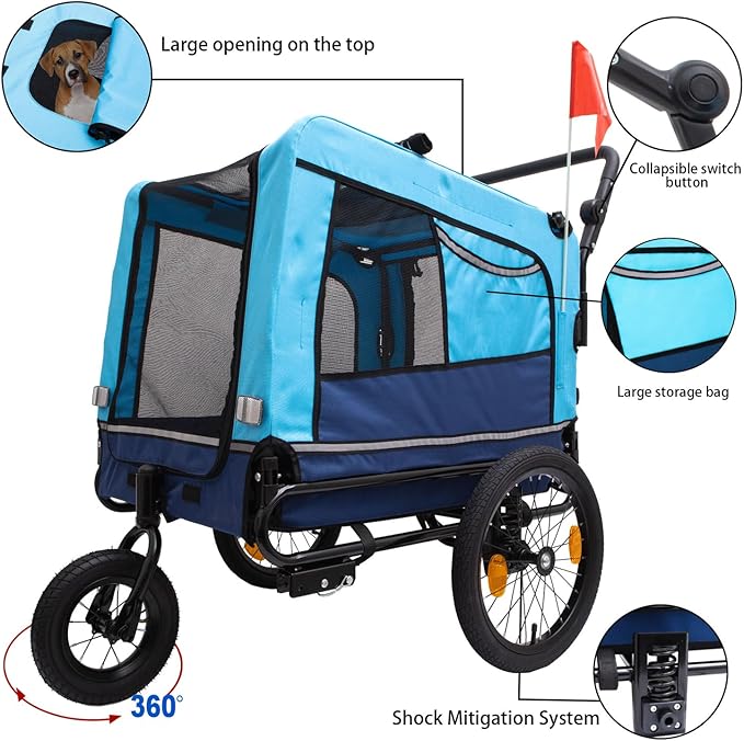 Extra Large Dog Bike Trailer, 2-in-1 Convertible Pet Stroller Cart Bicycle Carrier with Swivel Wheels & Universal Hitch, Foldable Pet/Cargo Carrier for Bicycles Camping Hiking