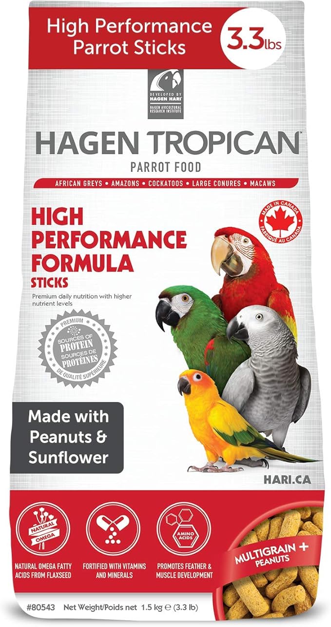 Hagen Tropican High Performance Parrot Food, 3.3 ib. - Hari Parrot Sticks with Peanuts & Sunflower Seeds and Higher Nutrition Levels