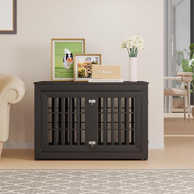 42" Heavy Duty Dog Crate Furniture for Small,Medium and Large Dogs,Rustic Wooden Dog Cage Kennel Indoor Furniture with Waterproof Top,Decorative Pet House Side End Table (Black)