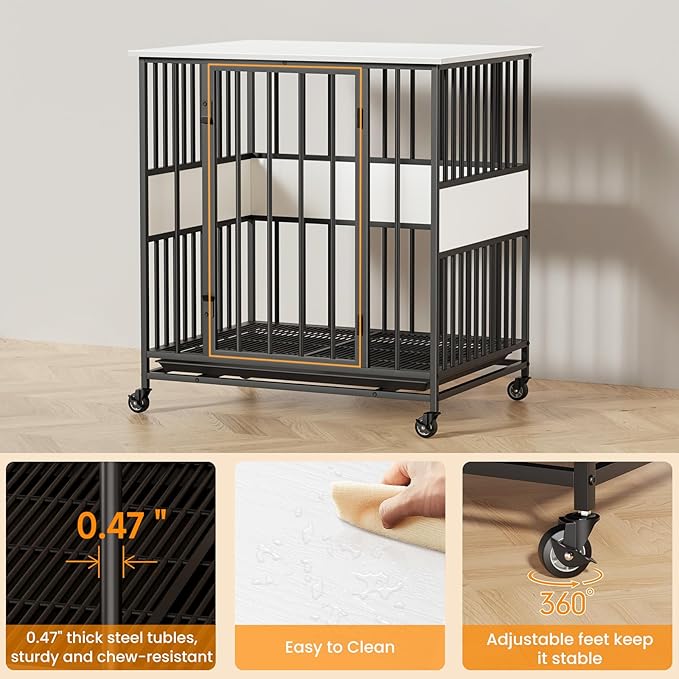 Dog Crate Furniture for Small Dogs, 31 Inch Indoor Puppy Kennel, Wooden Pet Cage Decorative Corner End Table with Caster Wheels & Removable Tray, White