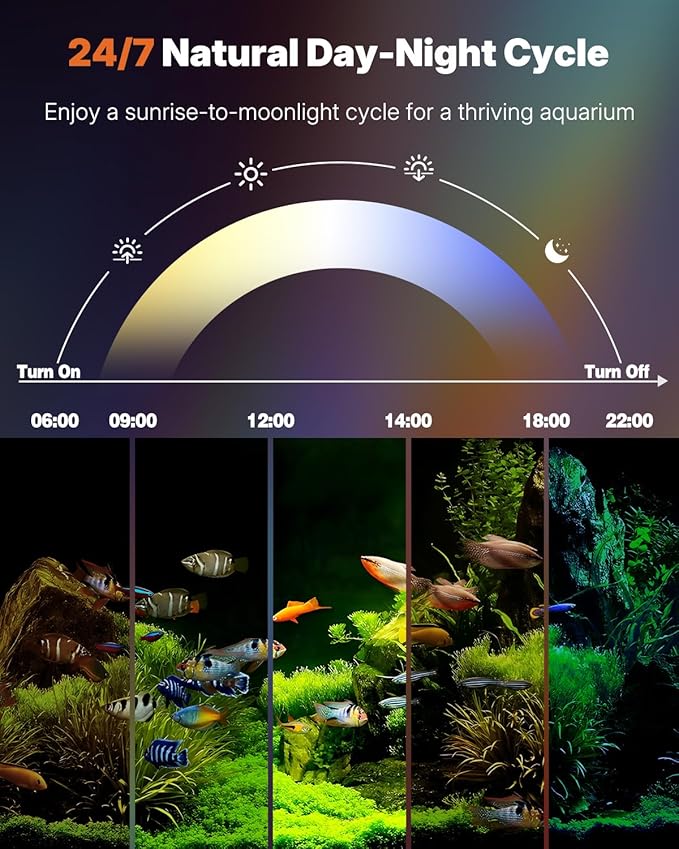 Pawfly Aquarium LED Light 24/7 Fish Tank Light with Full Spectrum Brilliant White Blue Red Green Lights Multi-Colored LEDs with D/N Mode Single Color Effects Timer and Adjustable Brightness