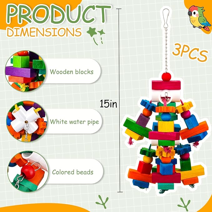 3 Pcs Large Parrot Toys 17.8" Colorful Chewing Toy with Natural Wood Blocks for African Greys, Cockatoos, Parrots, Macaws, Medium Birds Cage Toy Accessories