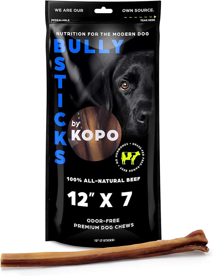 Kopo Dog Bully Sticks 12 inch - Regular Size, 7 Pack - Chew Sticks - 100% All Natural Beef Pizzle, One Ingredient Treats - More Protein Than Collagen Sticks - Long Lasting Dog Treats