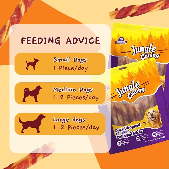 Jungle Calling Chicken Collagen Sticks, Long Lasting Dog Chews, Duck Wrapped Dog Treats, Digestible Rawhide Alternative for Small Medium Dogs, Dog Bones for Teeth Cleaning, 14.1oz, Approx. 22 Sticks