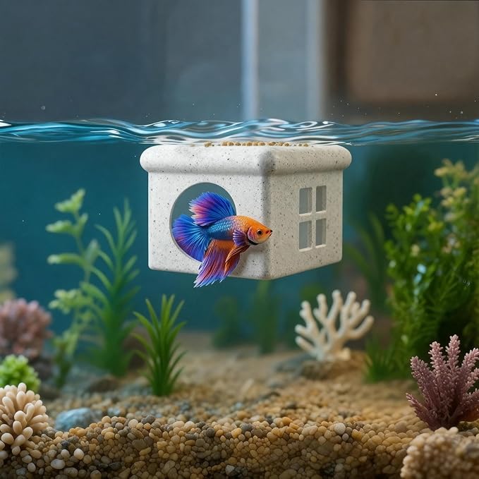 Marble Gray Floating Betta Fish Hideout with Window – 3D Aquarium Shelter & Feeding Platform – Betta Resting Cave for Fish Tank Decor (3.67"x2.87"x2.16")