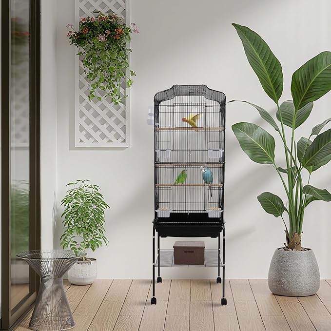 Large Bird Cage with Wheels, Budgie Cage with Bottom Storage Shelf, 54in Tall Bird Cages for Parakeets, Parrot, Cockatiel, Pull-Out Tray&Mesh Bottom (Black)