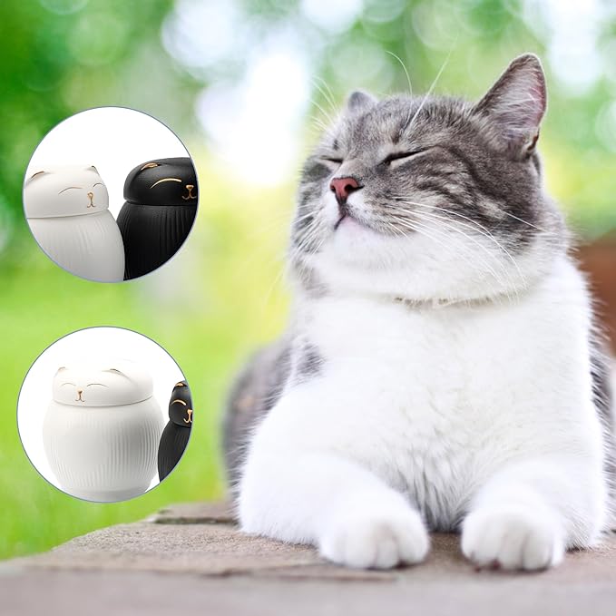 Ceramic Cat Urn for Ashes - Pet Memorial Box with Secure Lid, Cremation Keepsake for Cats (15 lbs)（White）