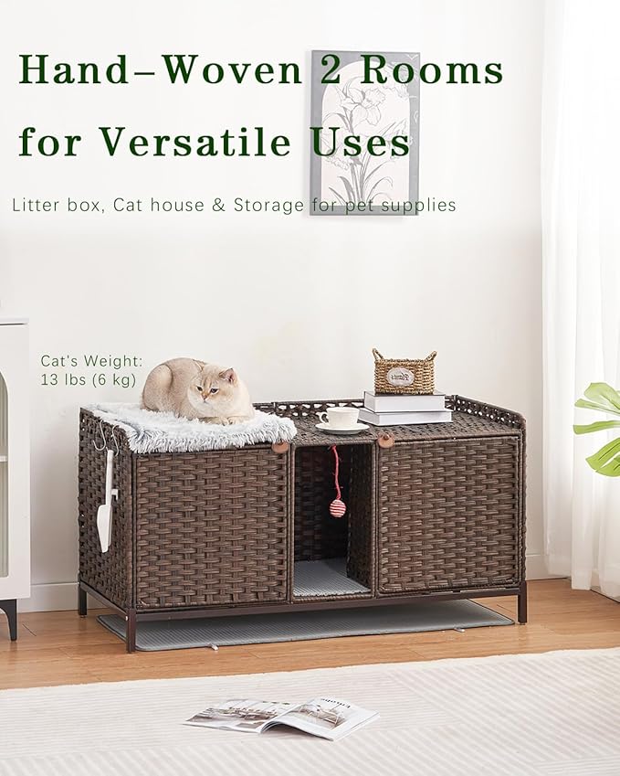 Cat Litter Box Enclosure for 2 Cats, Hidden Litter Box Furniture with Mat, Large Rattan Cat House with Double Room and Door, 47.3 L x 19.7 W x 24 H, 2 S-Shaped Hooks for Living Room Brown