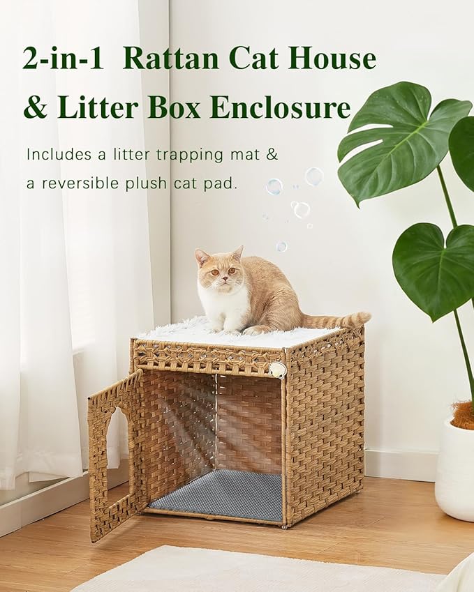 Cat Litter Box Enclosure Furniture with One Cat Bed Pad, Hidden Litter Box Handwoven Rattan Cat House with Two S-Shaped Hooks for Living Room, Bedroom, 18.5 x 20.5 x 19.1 Inch,Natural