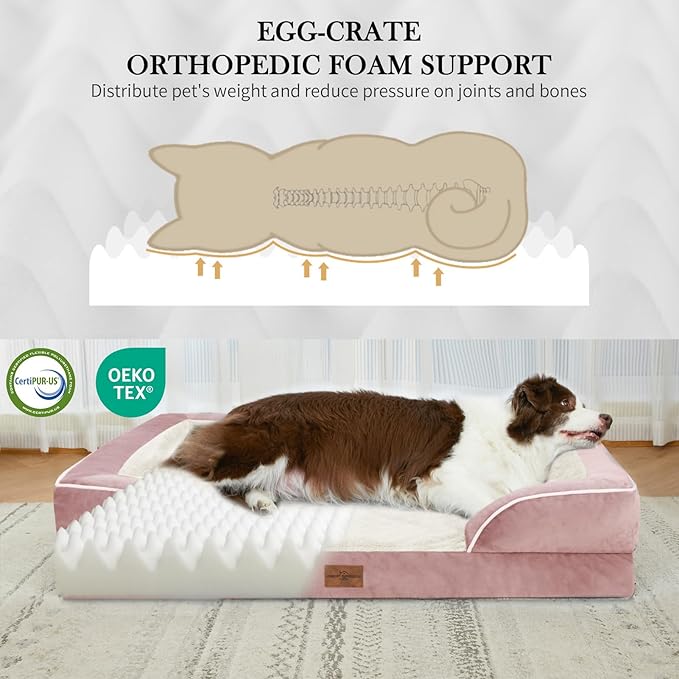 Comfort Expression Orthopedic Dog Bed for Large Dogs 36x27 Inch, Waterproof Supportive Egg Crate Foam Large Pet Bed with Removable Bolsters, Dog Couch with Washable Cover & Non-Slip Bottom, Pink
