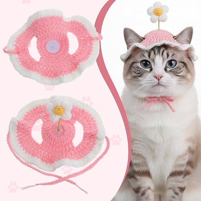 Cat Hat Cute Pink Flower Costume Hats for Cats, Cat Part Hat with Ear Holes and Adjustable tie Soft Washable Outfits Hats for Parties Birthday