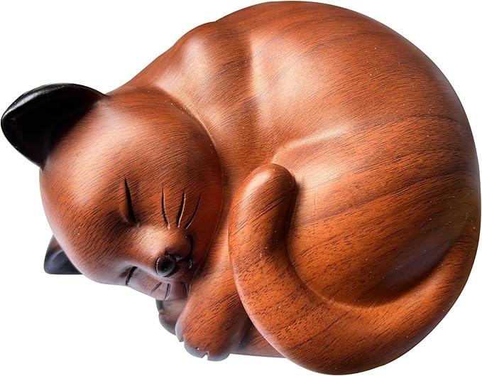 Pet Cat Urns for Ashes, Sleeping Resin Cremation Animal Urn and Sealed Bag, Decorative Memorial, Fur Keepsake, Ashes Necklace, Keychain, Inkless Paw Print Kit, Picture Frames, Sympathy Cards(Cherry)