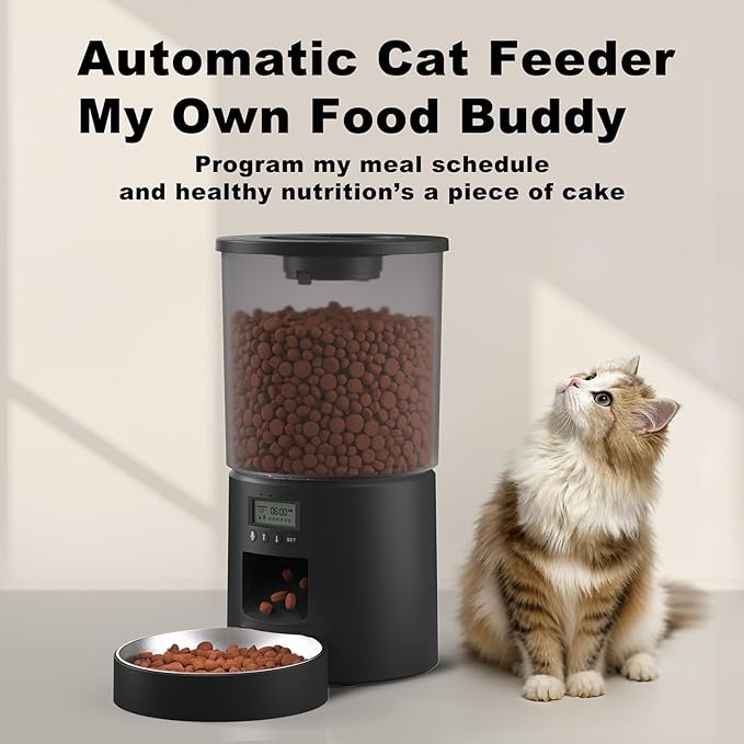 Automatic Cat Feeder 4.2L Cats,6 Meals/Day,Dual Power Portion Control Feeder,Dry Pet Food Auto Dispenser,Timer Setting,10S Voice Record (Transparent Black, Stainless Steel 2 Bowls)