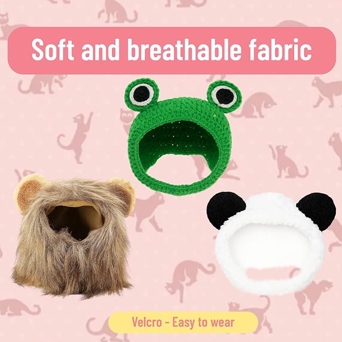 3PCS Cat Wig Costume Set with Panda, Lion Mane and Frog Designs, Cat Wig, Soft and Comfortable Pet Hats for Photo Shoots and Parties, Fits Most Cats