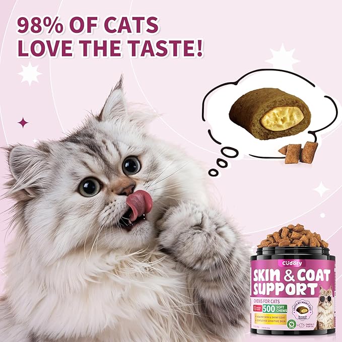 Omega 3 for Cats - 500 Skin & Coat Health Crunchy & Creamy Chews with Omega 3, Biotin & Vitamin E for Healthy Skin, Shiny Fur, Cat Supplements & Vitamins -Chicken Flavor