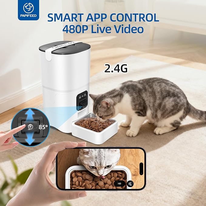 PAPIFEED Automatic Cat Feeder 6L 2.4G WiFi Smart Pet Feeder with Camera & Two-Way Audio, Adjustable Angle, Easy to Clean Detachable Feeding Schedule 1-10 Meals Per Day for Cats & Small Dogs - White