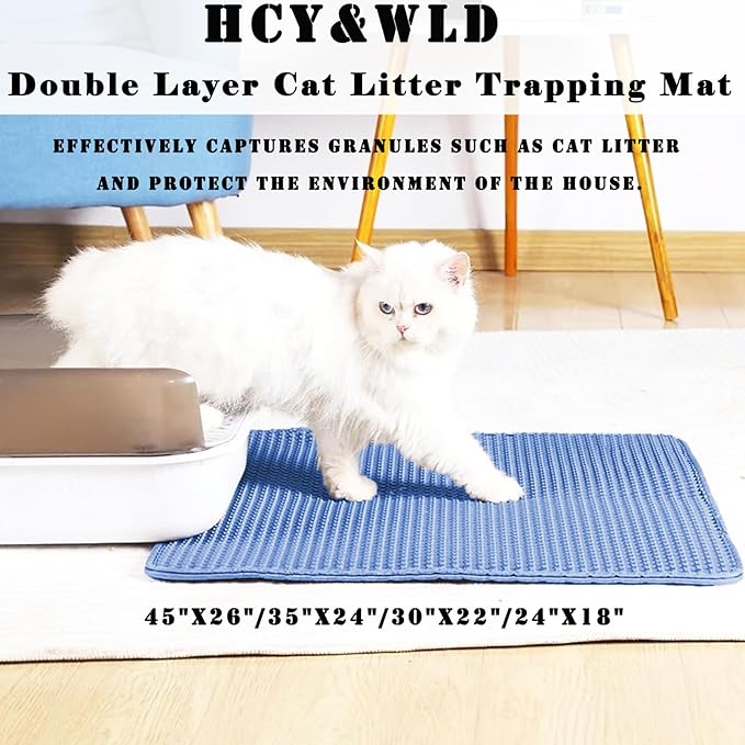 HCY&WLD Cat Litter Mat, Honeycomb Double Layer Cat Litter Trapping Mat, Waterproof Urine Proof Non-Slip, Scatter Control, Less Waste, Easier to Clean (Blue, 24" X 18")