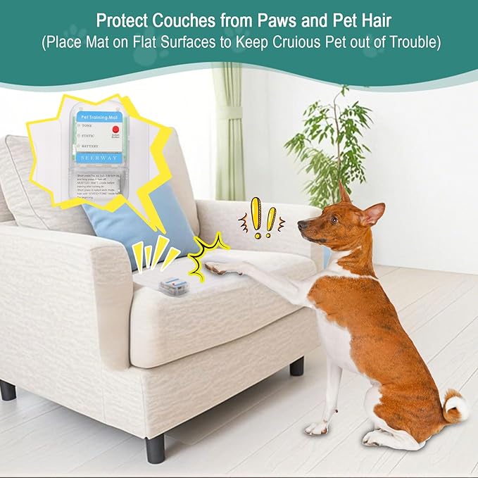 SEERWAY 2-Pieces Pet Shock Mat for Dogs & Cats - Keep Pets Off Couch, Bed, Kitchen Counter with 3 Training Modes, Waterproof & Adjustable Deterrent Mat