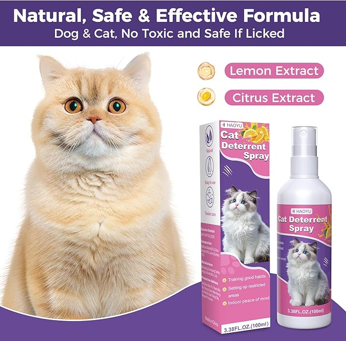 Cat Deterrent Spray, Cat Repellent Spray - Natural, For Effective Scratch & Chew Deterrent, Training Aid for Cats, Protect Furnitures, Sofa, Rug, Restricted - Training Safe, 100 ml (3.38 Oz) 2 Pack