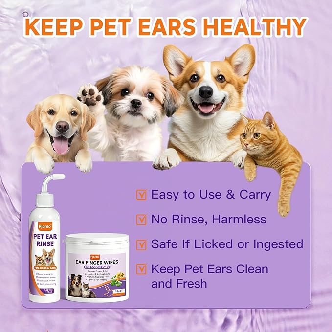 Dog Ear Cleaner Kit - Dog Ear Wash with Aloe Vera & Witch Hazel, Dog Ear Finger Wipes & Ear Cleaner Solution for Dogs and Cats, Gently Remove Ear Wax & Debris, Soothe Ear Itching, Deodorize