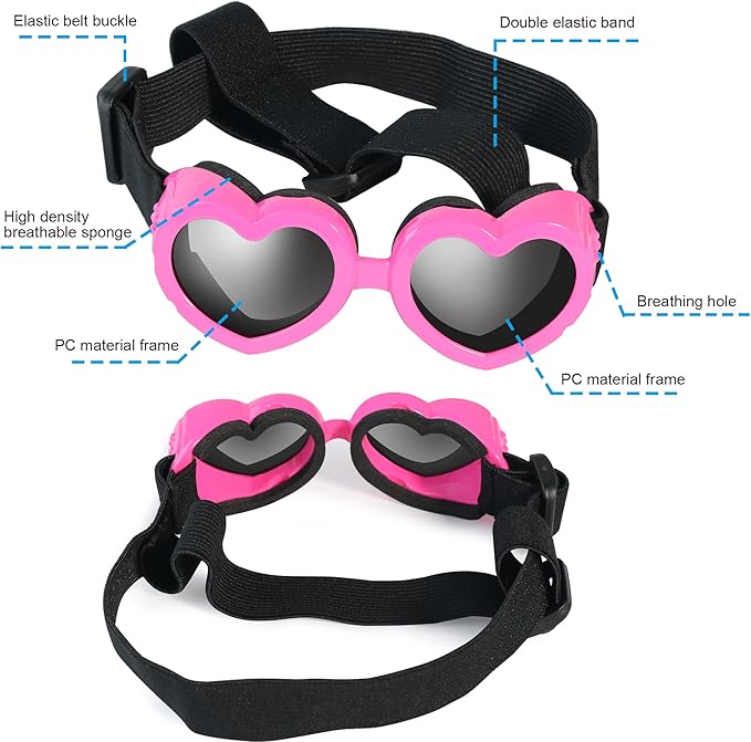 Small Breed Dog Sunglasses, UV Protection with Adjustable Strap, Heart-Shaped Goggles for Waterproof, Windproof, Anti-Fog Eye Protection, Beach Accessories (Pink)