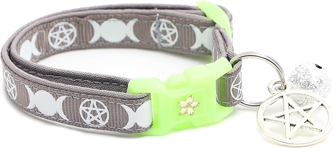 Wicca Cat Collar with Occult Charm & Bell | Witch’s Familiar Cat Collar | Witch Kitten Collar Charms | Glow in The Dark | Safety Breakaway Collar (Small(10lbs & Less), Silver)