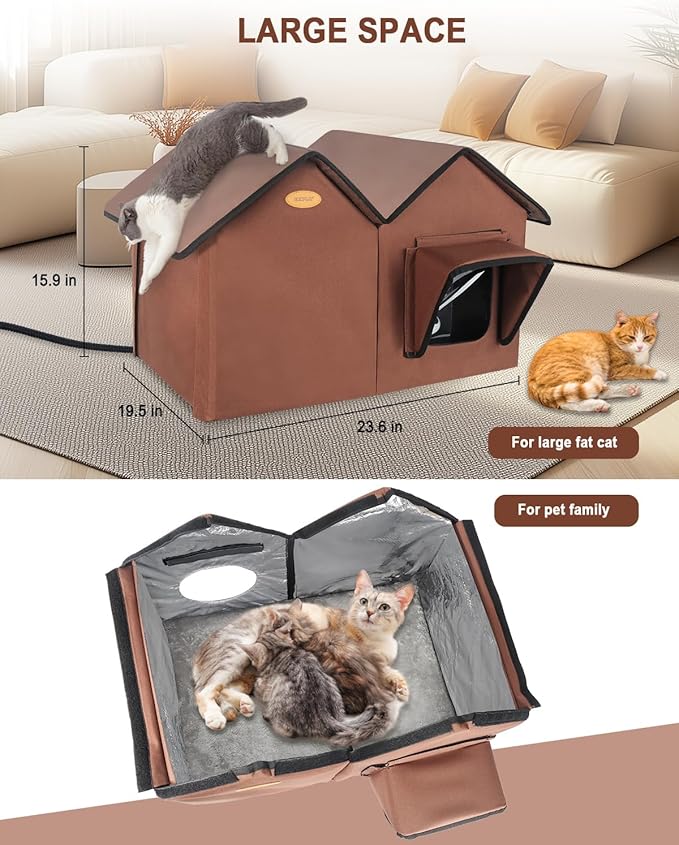 Heated Cat House for Outside Cats in Winter, Large Insulated Heated Outdoor Cat House Weatherproof with Elevated Base & Escape Door, Waterproof Cat Shelter for Multiple Cats Feral Stray Barn Kitty