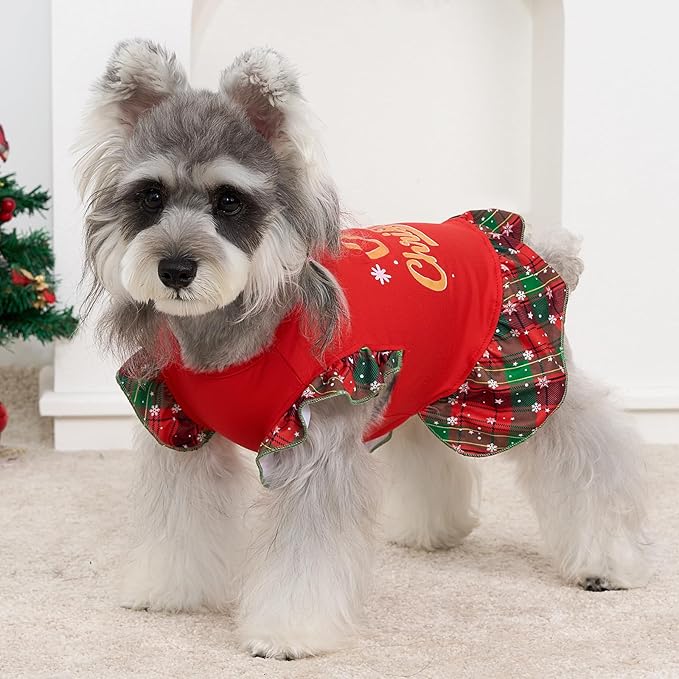 XPUDAC 4 Pack Christmas Dog Dress Plaid Puppy Clothes for Small Dogs Girl Cute Pet Outfit Doggy Apparel Cat Holiday Party Costume, Red, Green, M
