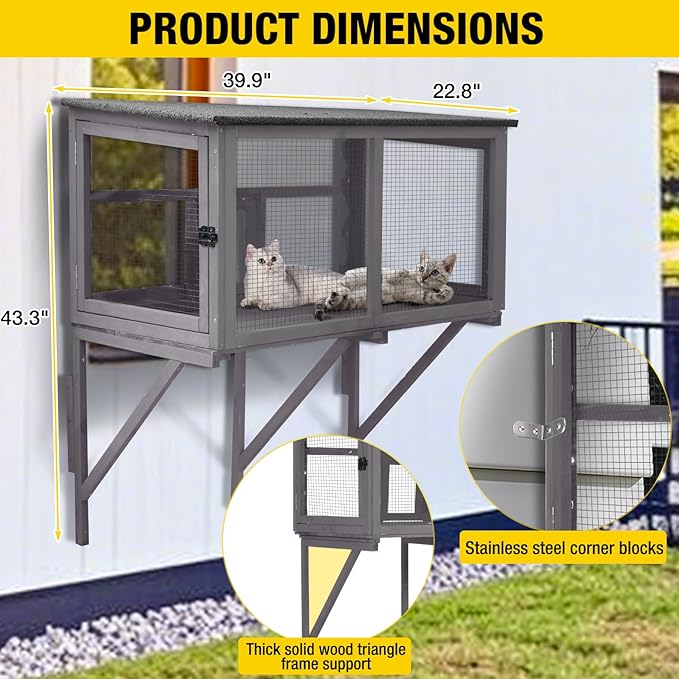 Aivituvin Catio Outdoor Cat Enclosure, Cat Window Box for 1-2 Cats with Weatherproof Asphalt Roof & Lockable Door, Expendable Secure Window Perch House for Large Outdoor Cats