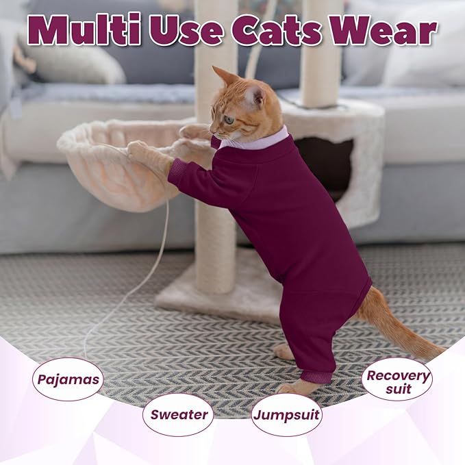 Cat Hair Sticky Onesie, Prevent Hair Loss Cat Pajamas, Long Sleeves Anti-Licking & Skin Disease Recovery Suit for Cats, Sphynx Clothes Costumes Outfits for Pet