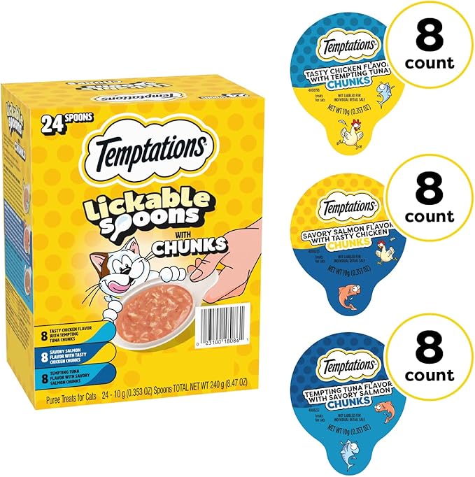 Temptations Lickable Spoons, Soft Lickable Cat Treats, Adult Wet Cat Treats, Variety Pack, 24 Spoons