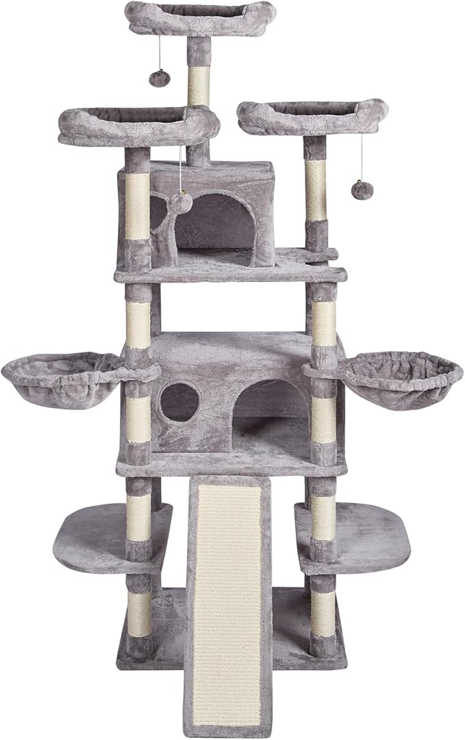 VEVOR Cat Tree for Indoor Cats, 68.5" Cat Tower with 2 Cat Condos, Sisal Scratching Post, Hammocks, Top Perches, Jumping Platforms and Ramp, Cat Furniture Activity Center with Hang Balls, Light Grey