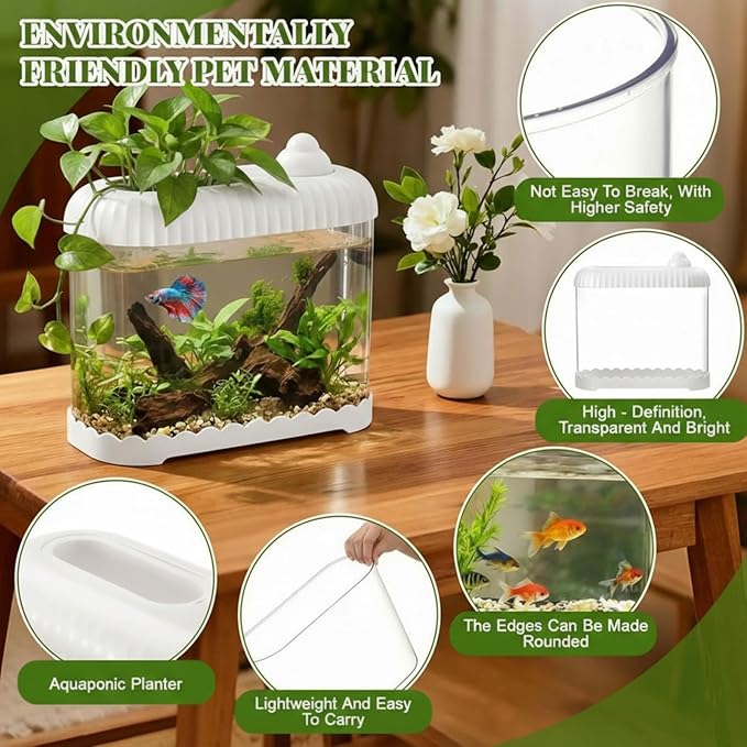Geelin White 2.5 Gallon Plastic Aquaponic Betta Fish Tank Large Bowl Shatterproof Small Ecosystem Aquarium with Secure Buckle Lid, Clear Clarity for Terrarium, Flower Vase Betta Fish Tabletop Gifts