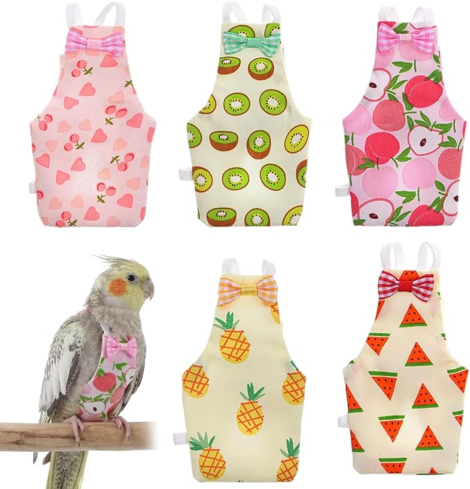 5 Pcs Bird Diaper, Parrot Nappy with Waterproof Inner Cute Parrot Pants Reusable Cockatiel Clothes Flight Suit for Parakeet Cockatiel Mini Macaw Budgie Canary