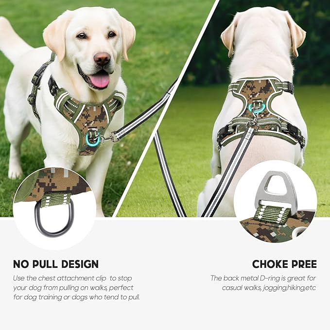 Timos Dog Harness Large Sized,No Pull Dog Harness Adjustable Metal Rings 3 Buckles,Reflective No Choke with Easy Control Handle for Large Dogs,Military Green L