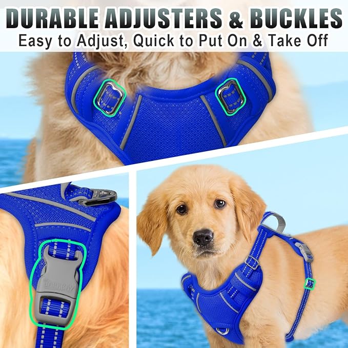 BARKBAY No Pull Dog Harness Large Reflective Dog Harness with Front Clip and Easy Control Handle for Walking Training Running with ID tag Pocket(Sapphire Blue,S)