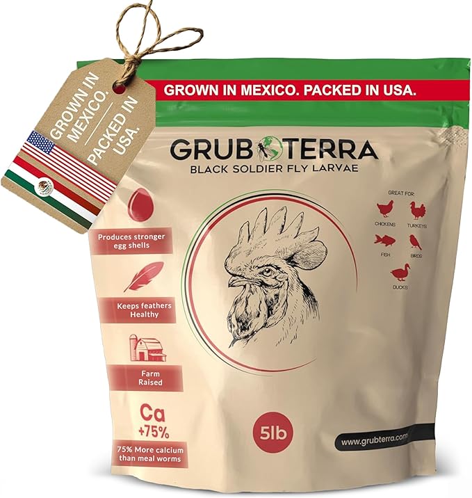 GrubTerra Black Soldier Fly Larvae for Chickens – Dried BSFL Poultry Treat, High Protein Calcium Feed Supplement for Laying Hens, Backyard Chickens, Sourced from Mexico, Not from China - 5LB