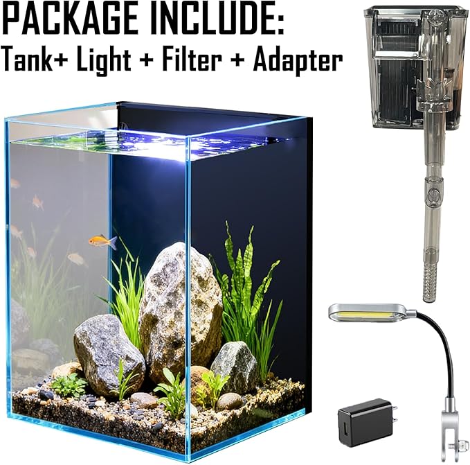 1.5 Gallon Fish Tank Starter Kits, Nano Glass Aquarium with Filter, Led Light for Aquascape DIY Small Betta Fish Tank
