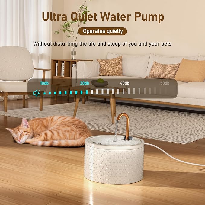 DOOOB Ceramic Cat Water Fountain, 2.1L/71oz Cat Fountain, Automatic Ceramic Water Fountain for Cats, Pet Water Fountain with Ultra-Quiet Pump and 3 Filters & 3 Sponges (Honeycomb Embossed)