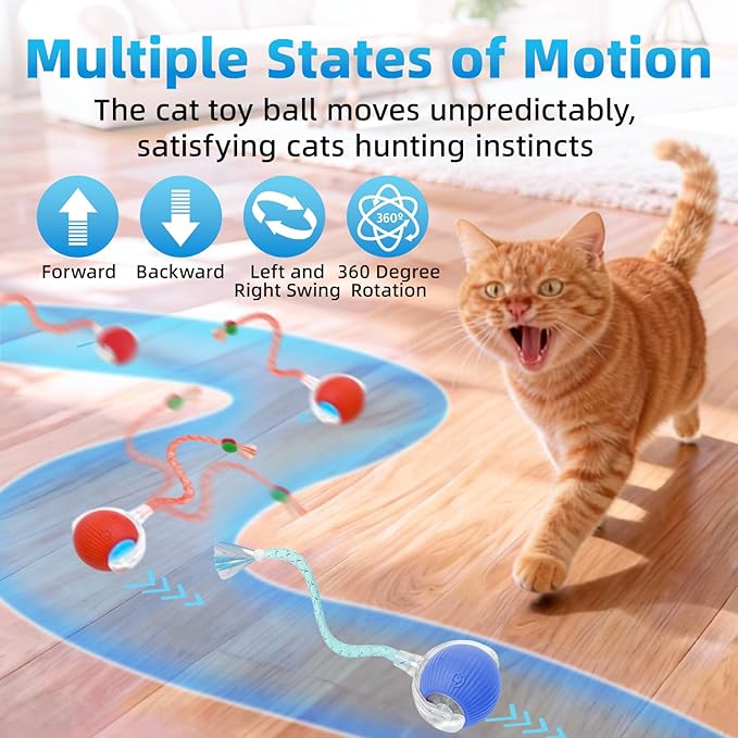 Interactive Cat Toys for Indoor Cats, Automatic Kitten Toys for Bored Indoor Adult Cats, Smart Kitten Rolling Ball Moving Balls Toy, Rechargeable Dog Cat Ball for Enrichment Exercise (Red+Blue)