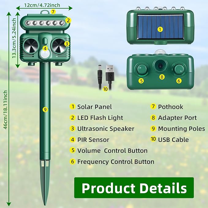 2 Pack Solar Cat Repellent Outdoor, Solar Ultrasonic Animal Repellent Outdoor with Motion Detection, Flashing Light Deer Deterrent Device to Repel Dog Squirrel Rabbit Raccoon Skunk for Yard Farm